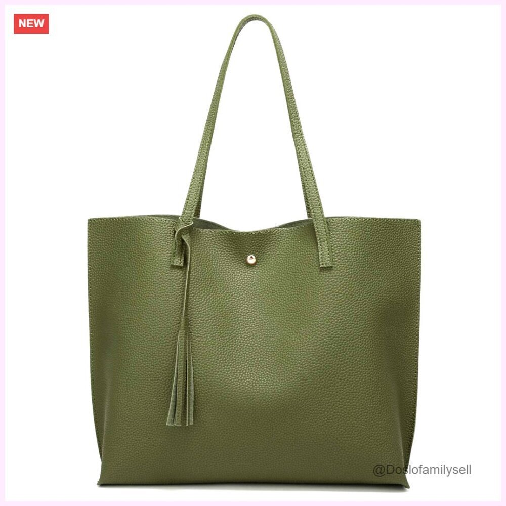 Large Soft Faux Leather Tote Bag with Tassel, Magnetic Closure